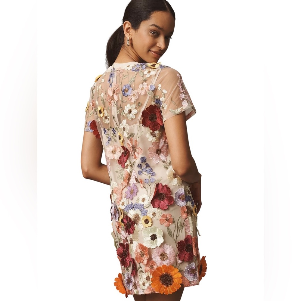 Anthropologie Endless Rose Floral-Embellished Sheer Mini Dress Medium - Picture 4 of 6